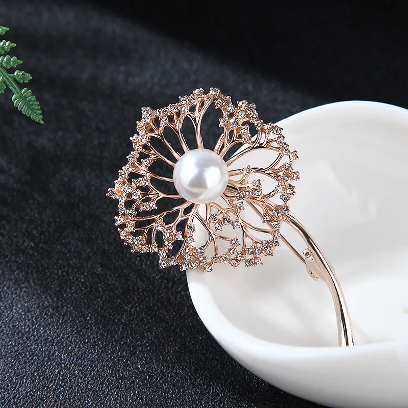 Micro-encrusted Zircon Rhinestone Pearl Dandelion Brooch Fashion Creative Flower Clothing Accessories Female Corsage