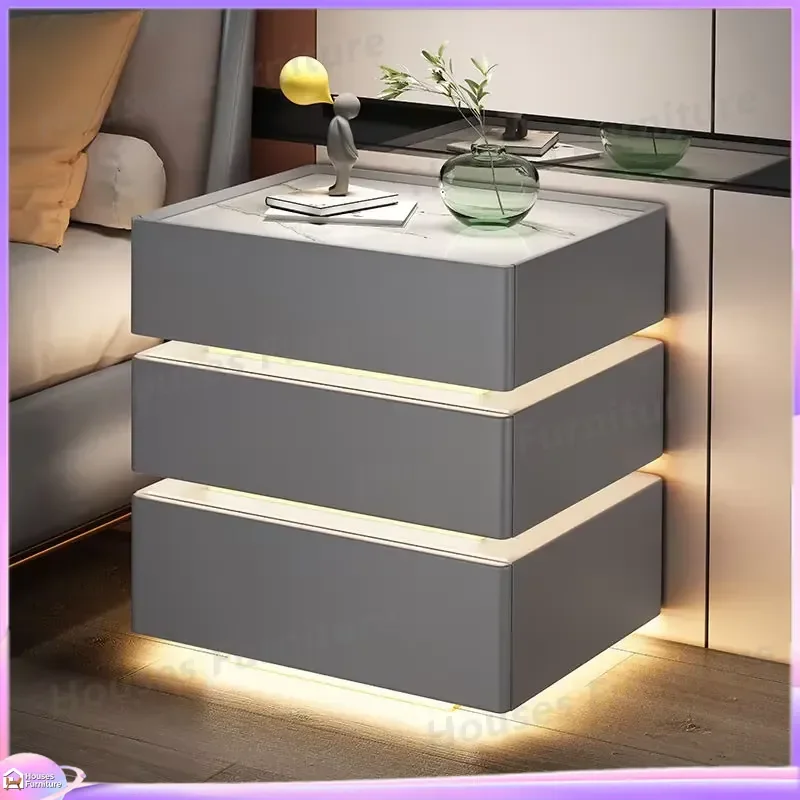 Modern Grey Bedside Table with Glass Top Smart Nightstand with Ambient Light Luxury Bedroom Furniture Storage End Table for