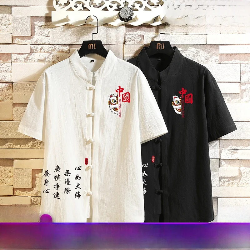 

Летняя мужская рубашка большого размера из льна и хлопка с коротким рукавом, в стиле для чайной церемонии, модная ретро-модель, популярный молодежный стиль