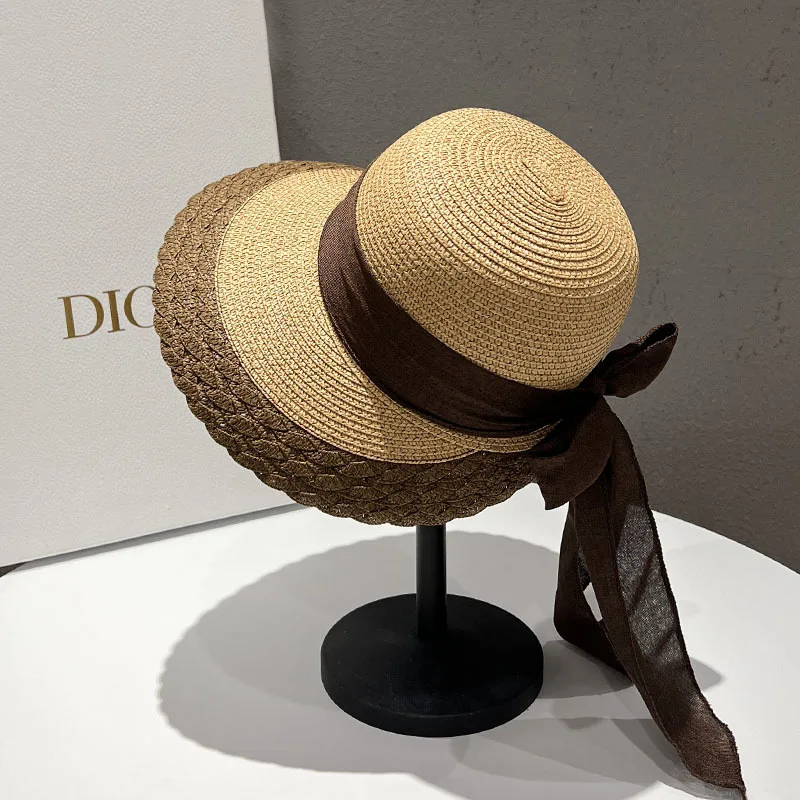 DONGYUN006 Summer Women Casual Straw Hat New Lady Girl Casual Large Wide Brim Paper Sun Hat Bowknot Panama Cap for Holiday