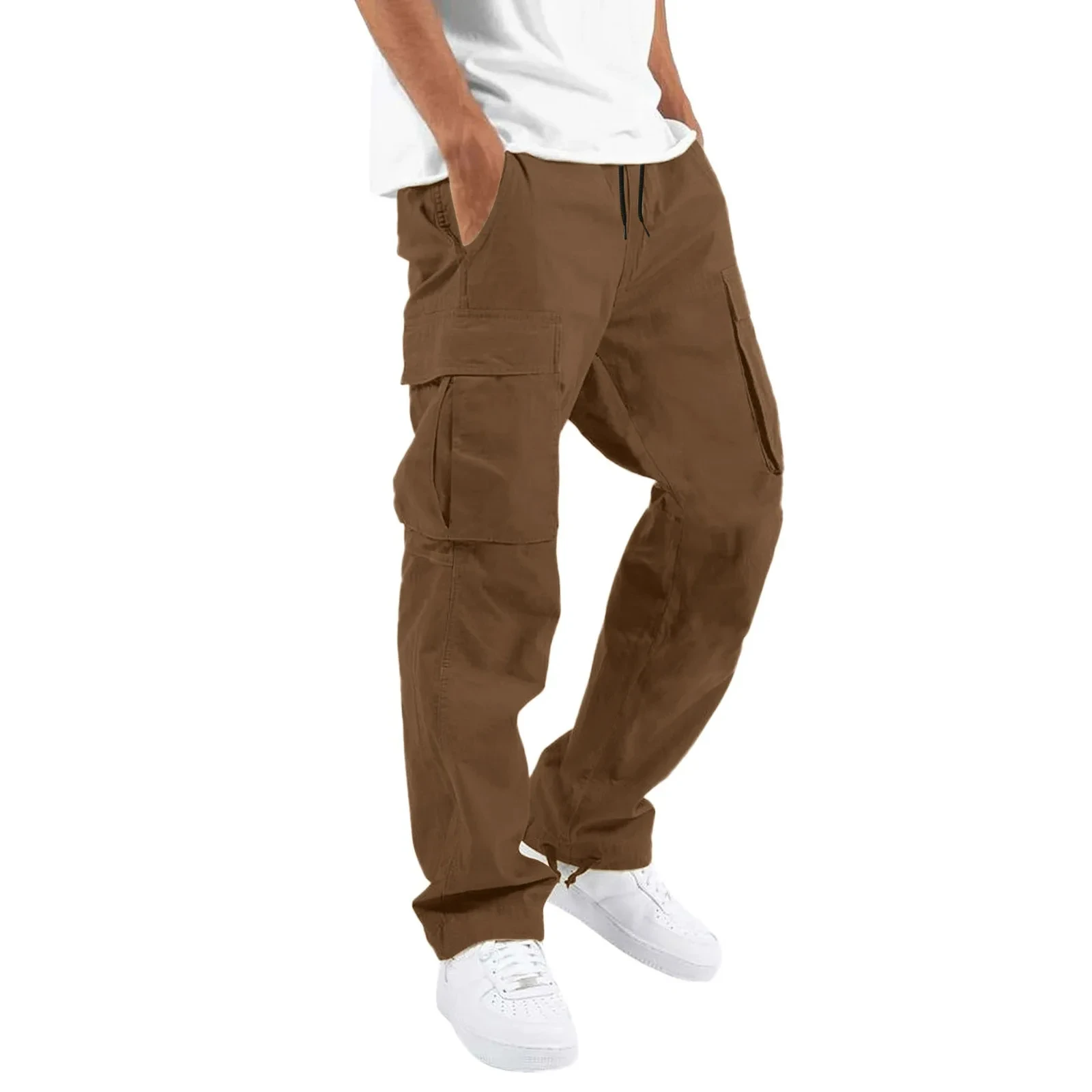 New Hot Full-length Men\'s Cargo Pants Breathable Pants Solid Color Loose Multi-pocket Men\'s Cargo Pants Drawstring Pocket Pants