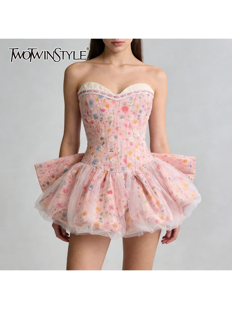 

TWOTWINSTYLE Slimming Printing Spliced Bowknot Dresses for Women Strapless Sleeveless High Waist Patchwork Strap Dress Female