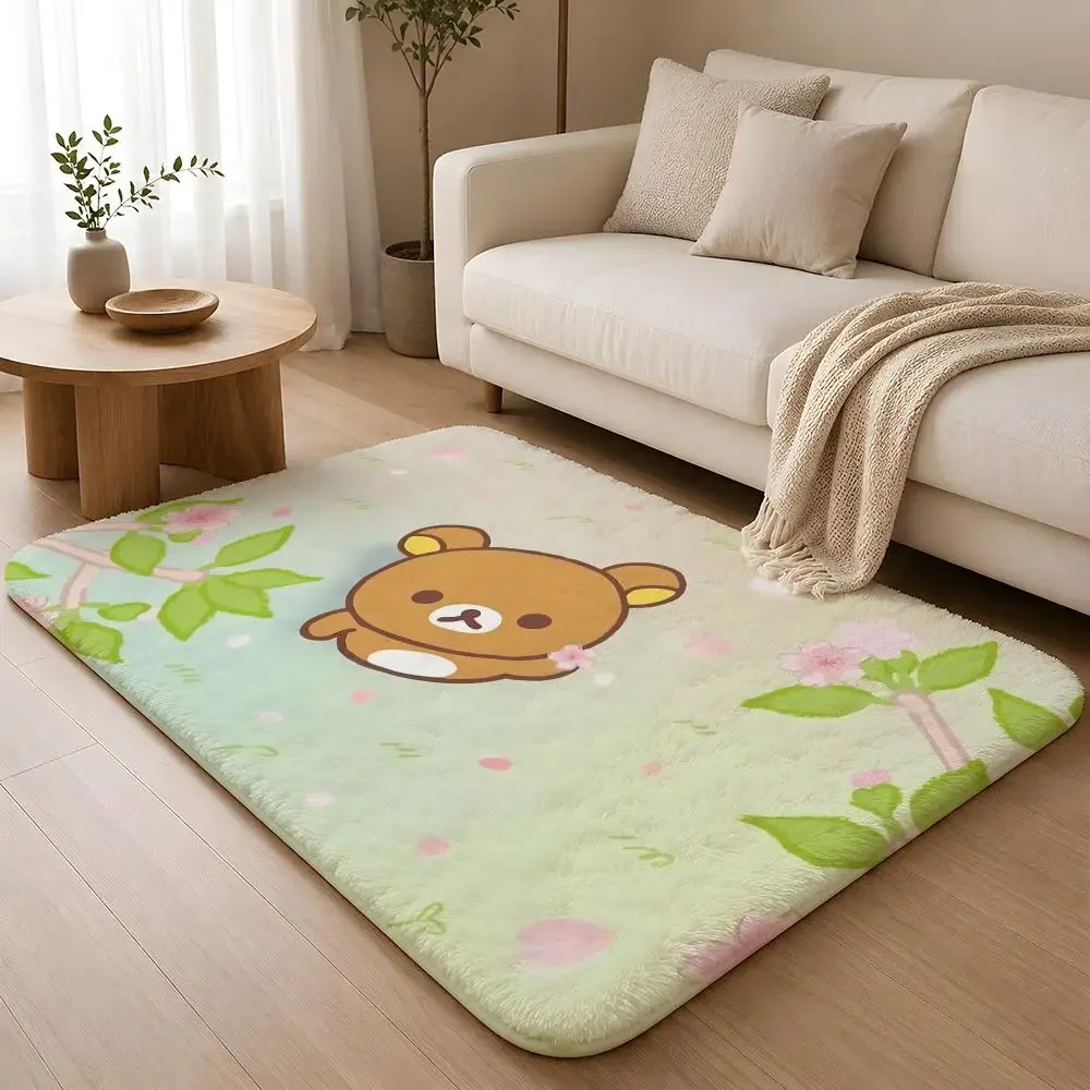 Cute Cartoon R-Rilakkuma Lovers Floor Mat Machine Washable Soft Flannel Area Rug, Non-Slip Absorbent Floor Mat for Living Room