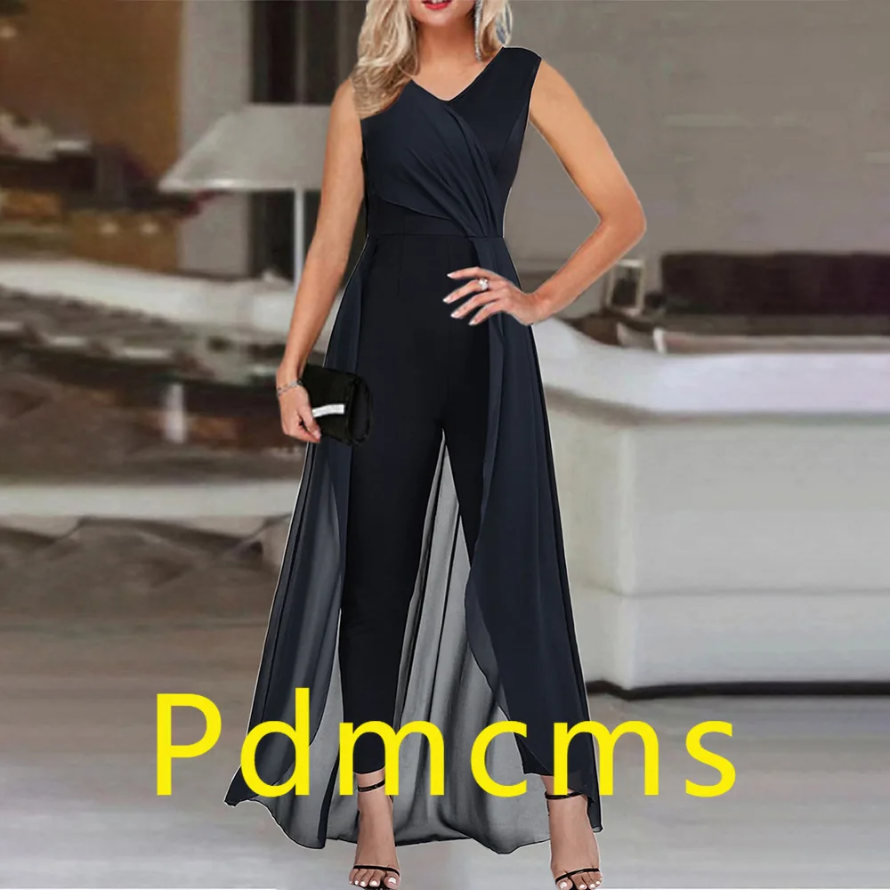 

2025 new summer European and American solid color V-neck sleeveless casual jumpsuit women