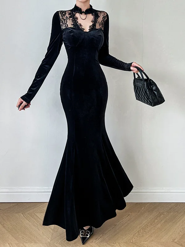 Vestido largo ajustado de sirena de terciopelo negro con apliques de encaje Vintage, elegante, ajustado, transparente, detalles recortados, ropa de mujer de moda coreana