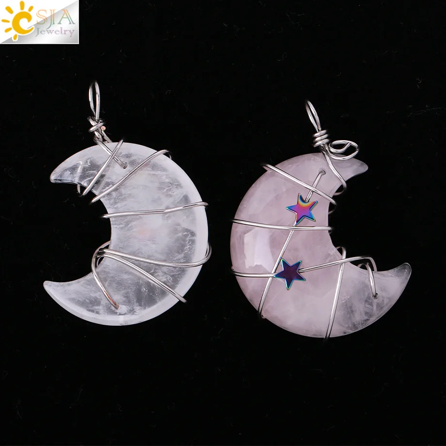 CSJA Crystal Crescent Moon and Star Pendant Necklace Healing Natural Stone Pink Quartz Chakra Necklaces for Women Jewelry H010