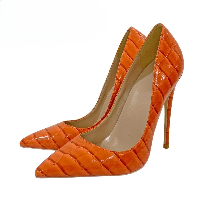 Party Women Pumps PU 12CM Stiletto 2022 New Orange Serpentine a punta bocca superficiale scarpa singola romana scarpa donna marrone