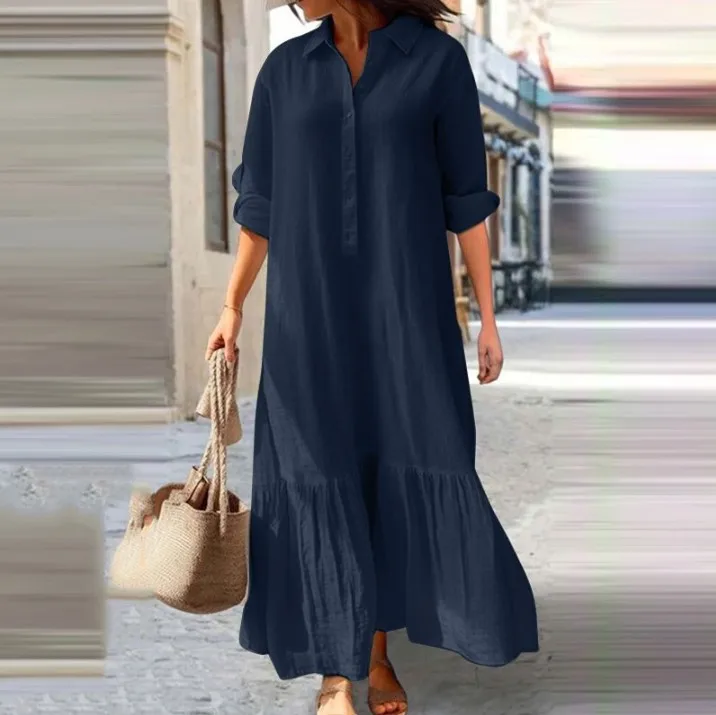 Women\'s Long Dresses Button Down Long Sleeve Vestidos Cotton Linen Lapel Solid Color Retro Oversized Layer Plus Size Maxi Dress