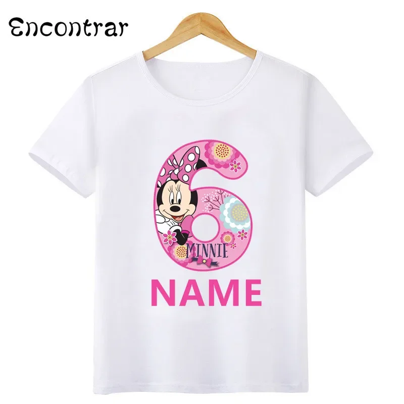 Disney Minnie Mouse Number Bow Graphic T shirt Kids Clothes 1 2 3 4 5 6 7 8 9 Years Birthday Baby Girls Party T-Shirts Boys Tops