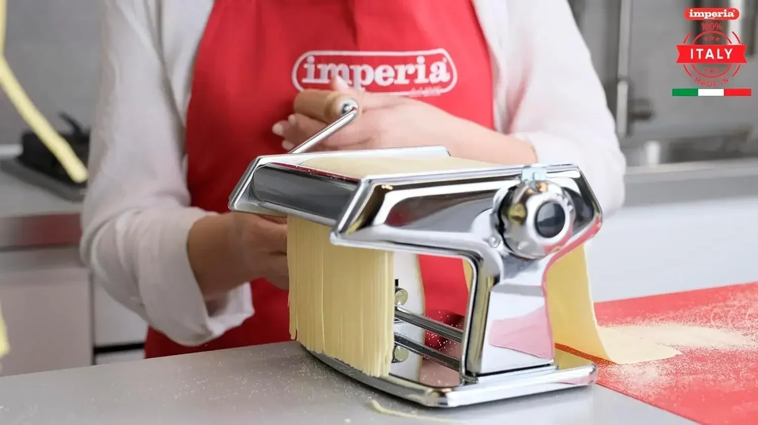 Titania Pasta Maker- Machine is 100% Made in Italy- Heavy Duty Steel Construction, Manual Roller with Wooden Handle- Cutter for
