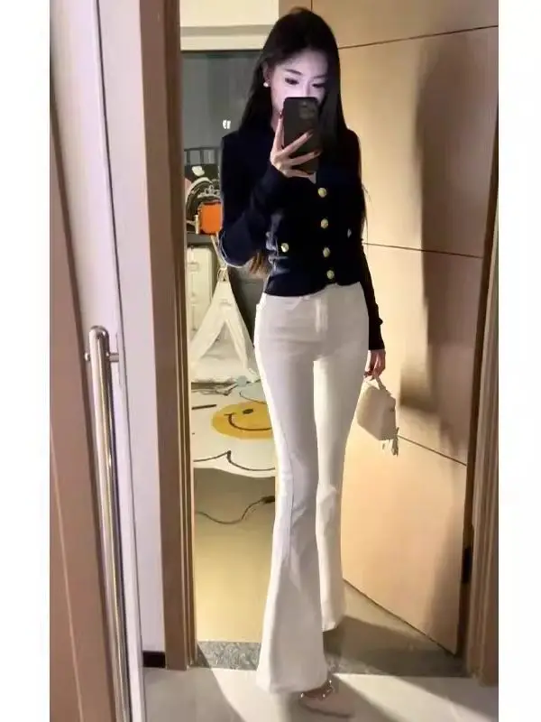 High Waist Slim Fit Bell Bottom Jeans Women's Double Buckle Elastic Butt Lifting Long Pants Vintage Style Casual Wear