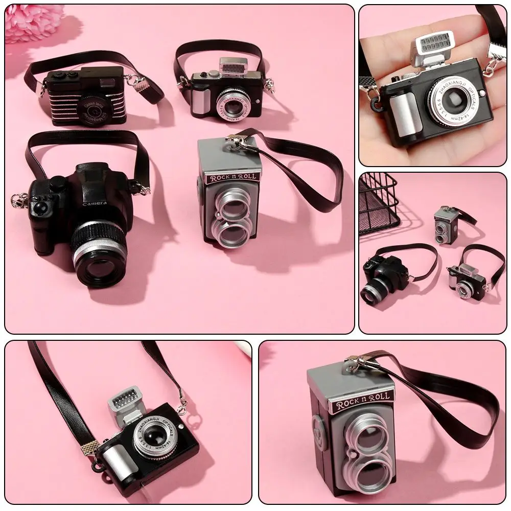 Fashion Mini SLR Dollhouse Accessories Digital Camera Model Miniature Dolls Camera With Black Belt Shutter And Flash