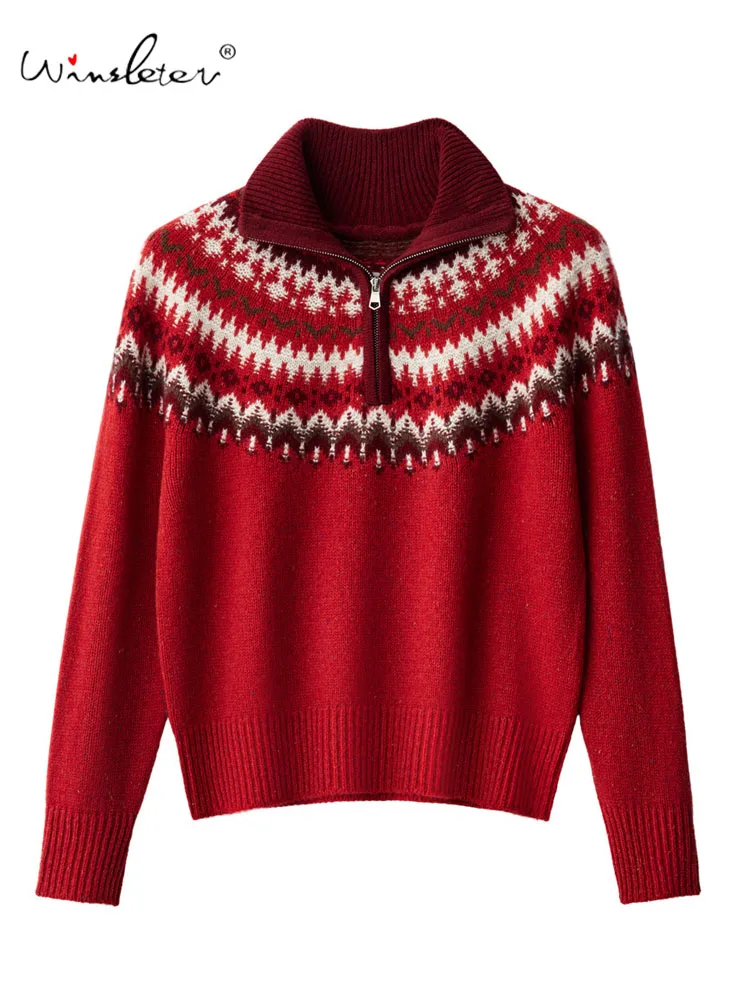

Winsleter-100%Sheep Wool Elegant Sweater, Stand Zipper Jacquard, Women Christmas Fair Isle Knit Sweater, 2025 Winter T5D543CC