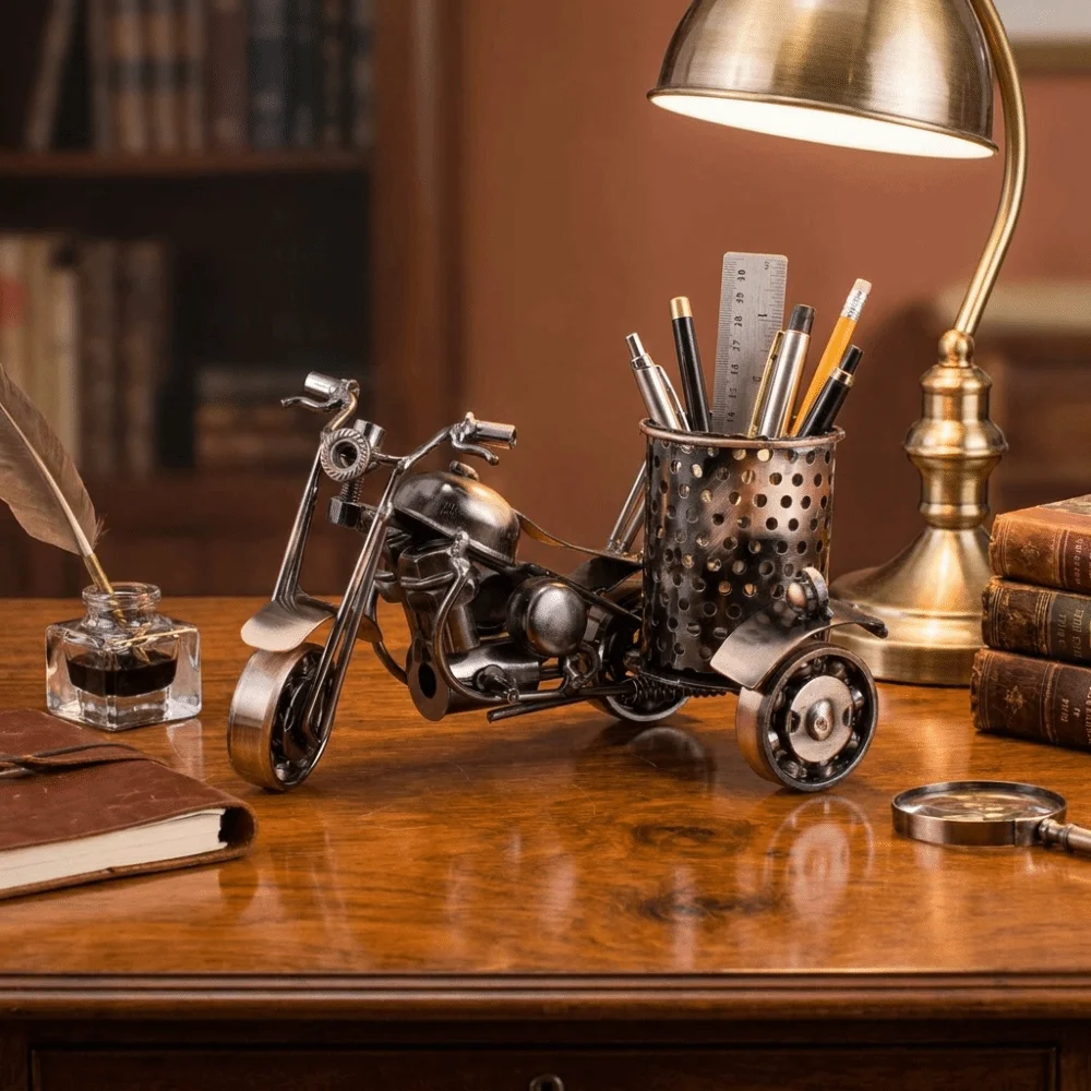 Solid Iron Material Motorcycle Shaped Pen Holder Handcrafted Detailed Outlines Distressed Vintage Finish Antique Iron Pen Holder