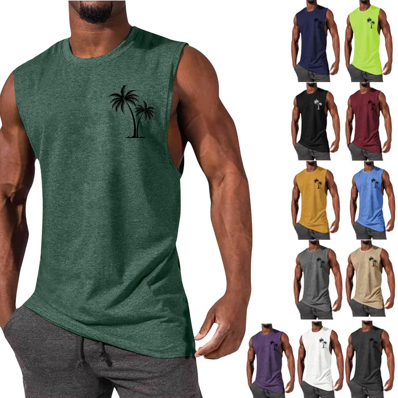 

2025 New Men's Vest Muscle Men's Sports Casual Vest Coconut Tree Print Men's Top T-Shirt