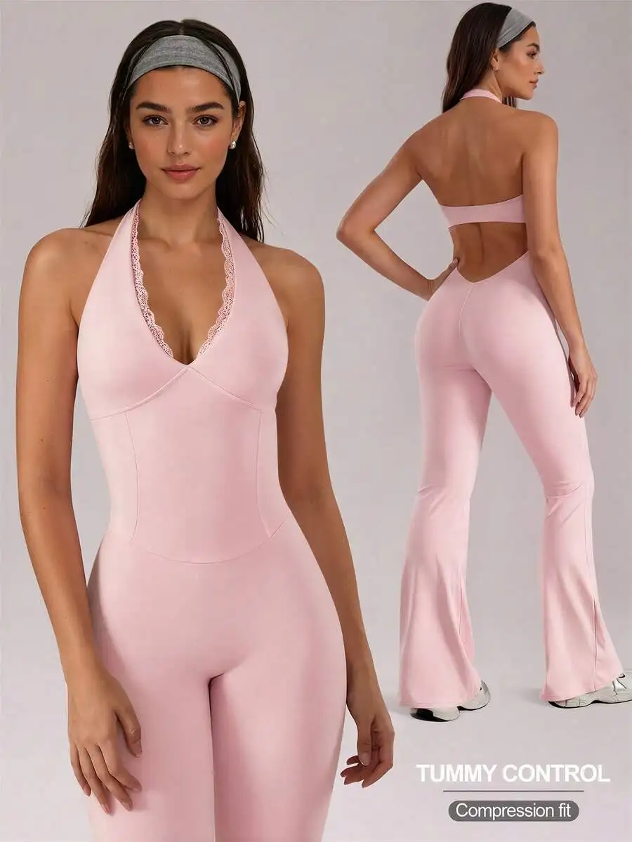 

Womens Halter Neck Yoga Jumpsuit With Lace Trim Backless Tummy Control High Stretch One Piece Workout Suit