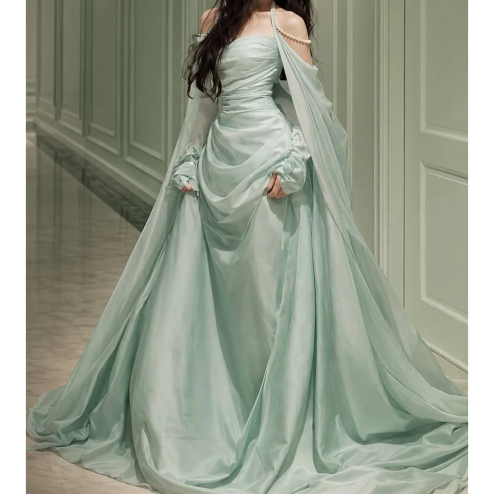 Halter Pearl Strap Chiffon Evening Dress Off‑Shoulder Long Flare Sleeve Ruched Floor‑Length Formal Wedding Guest Prom Maxi Gown