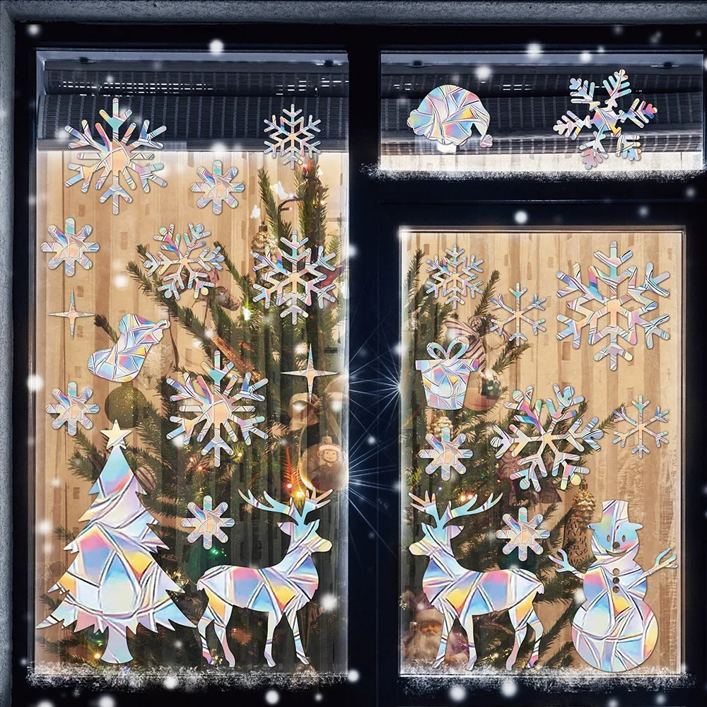 Christmas Window Stickers Static Cling Colorful Elk Tree Design Glue Free Removable Window Decoration for Holiday Home Party