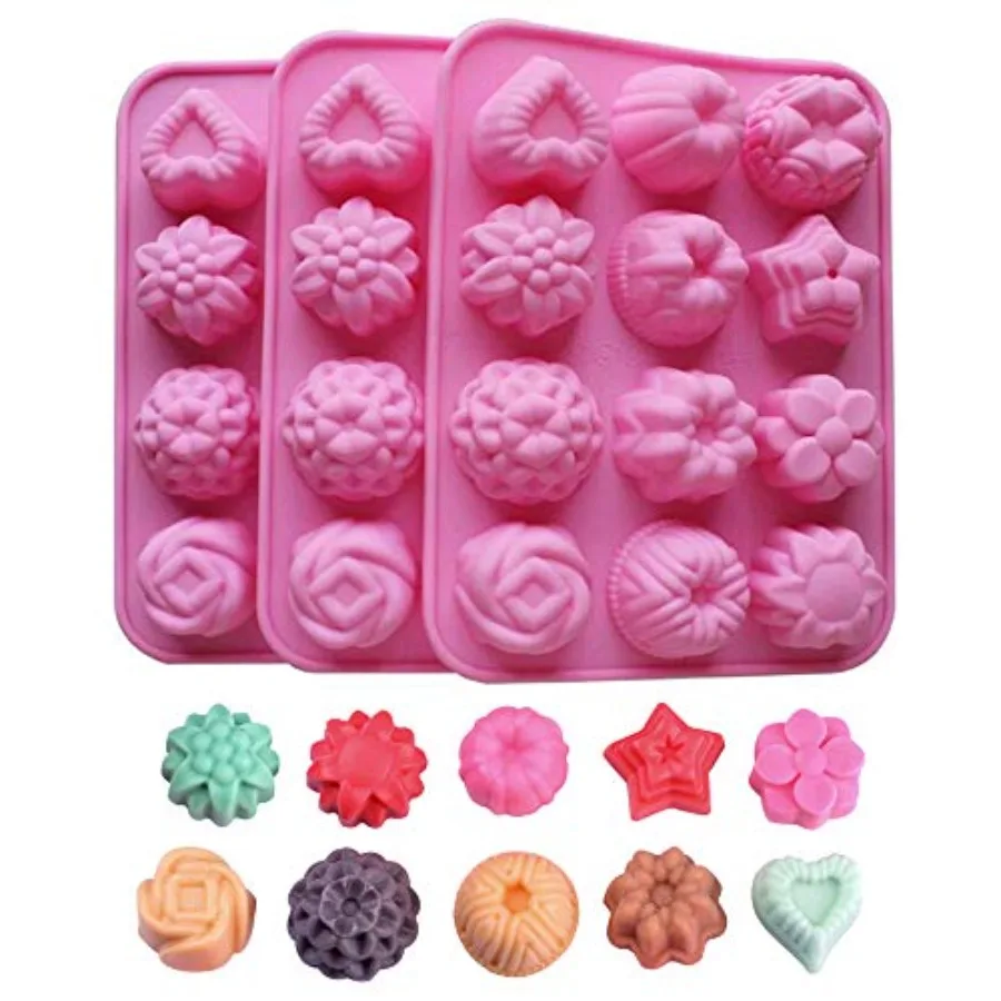 

Silicone Bakeware Mold For cake chocolate Jelly Pudding Dessert Molds 12 Holes With Flower Heart Shape Set of 3