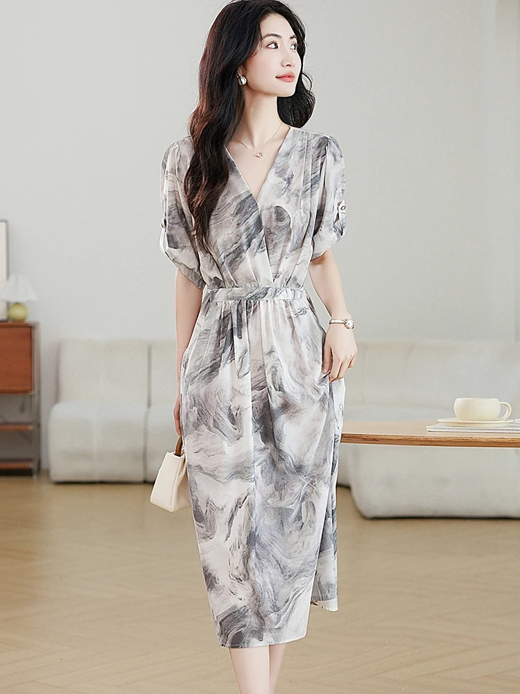 

2025 Новое платье миди с коротким рукавом и v-образным вырезом, женское элегантное повседневное свободное платье, летнее корейское модное праздничное вечернее платье