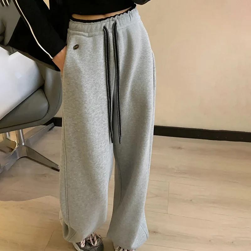 New Fashion High Waist Wide Leg Sweatpants Women Chic Design Contrast Color Sport Pants Autumn Winter Korean Drawstring Trousers