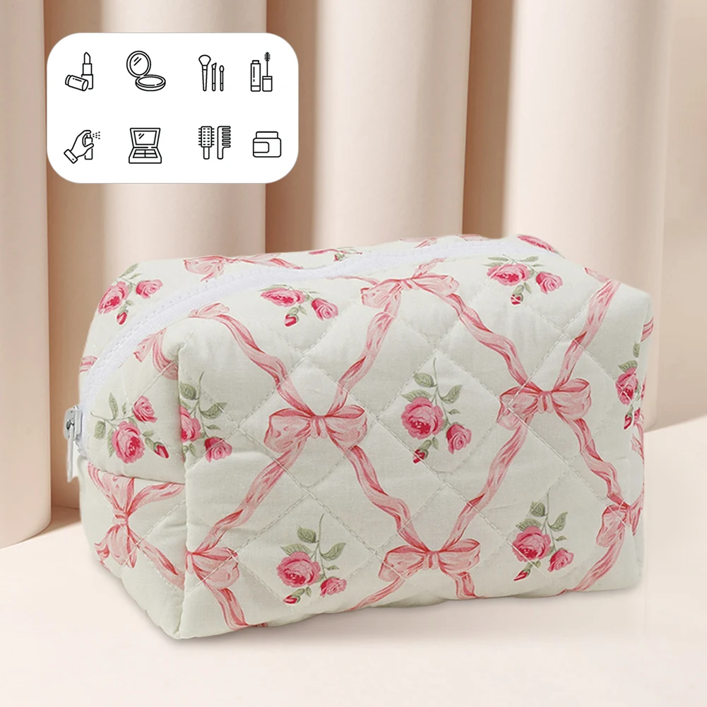 Cute Bow Floral Makeup Organizer Storage Bag with Zipper Cosmetic Organizer Case Cotton Quilted Skincare Bag for Women and Girls