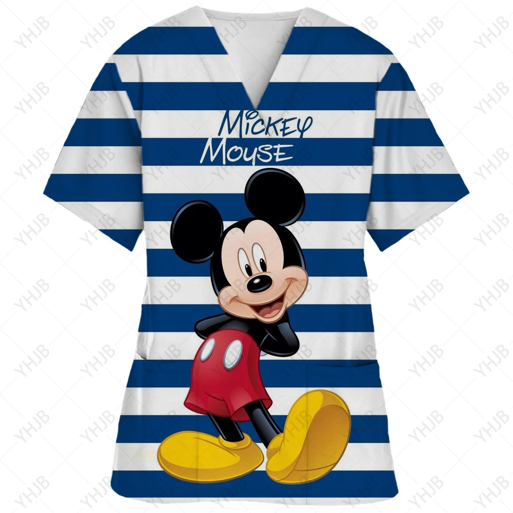 Nurse Scrubs Blouse Uniforms Woman Working Short Sleeve V-neck Disney Minnie Mickey Mouse Print Uniforms Tops Nursing Clothes