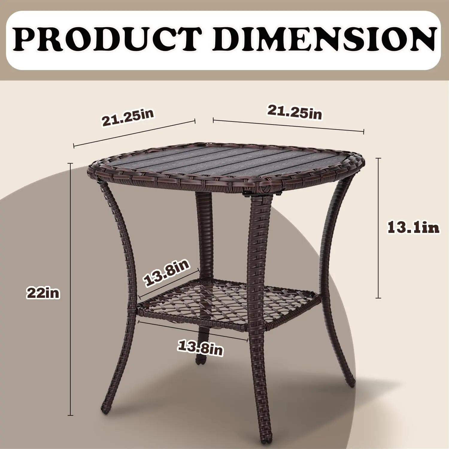 Outdoor Patio Side Table Small Brown Wicker Rattan End Table for Outside Storage Coffee Table with Poly Lumber, Customized