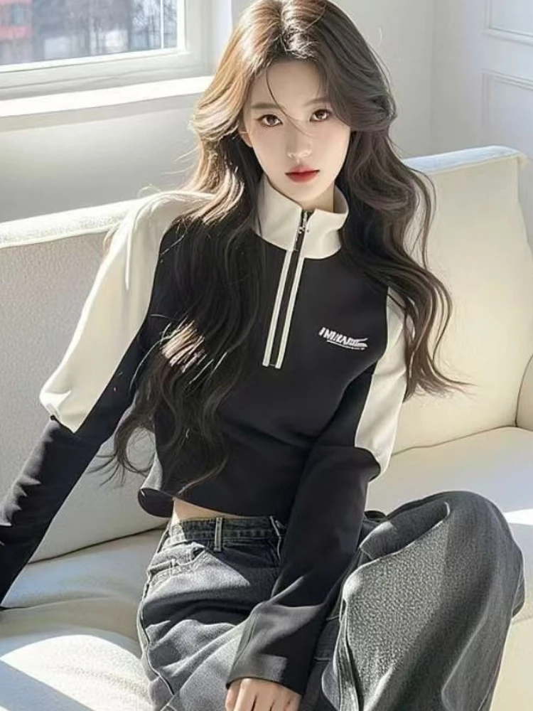 Unique couleur ample contraste lettre col montant à capuche femmes Design sens de Niche Super joli haut cousu demi-fermeture éclair