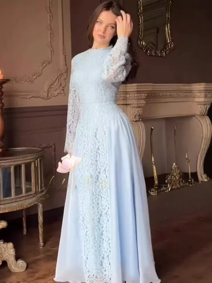 Faionable Lace Patchwork Long Sve Dr Long A-Line Skirt High Waist Polyester Fabric Zipper Ba Closure Slim Fit round...