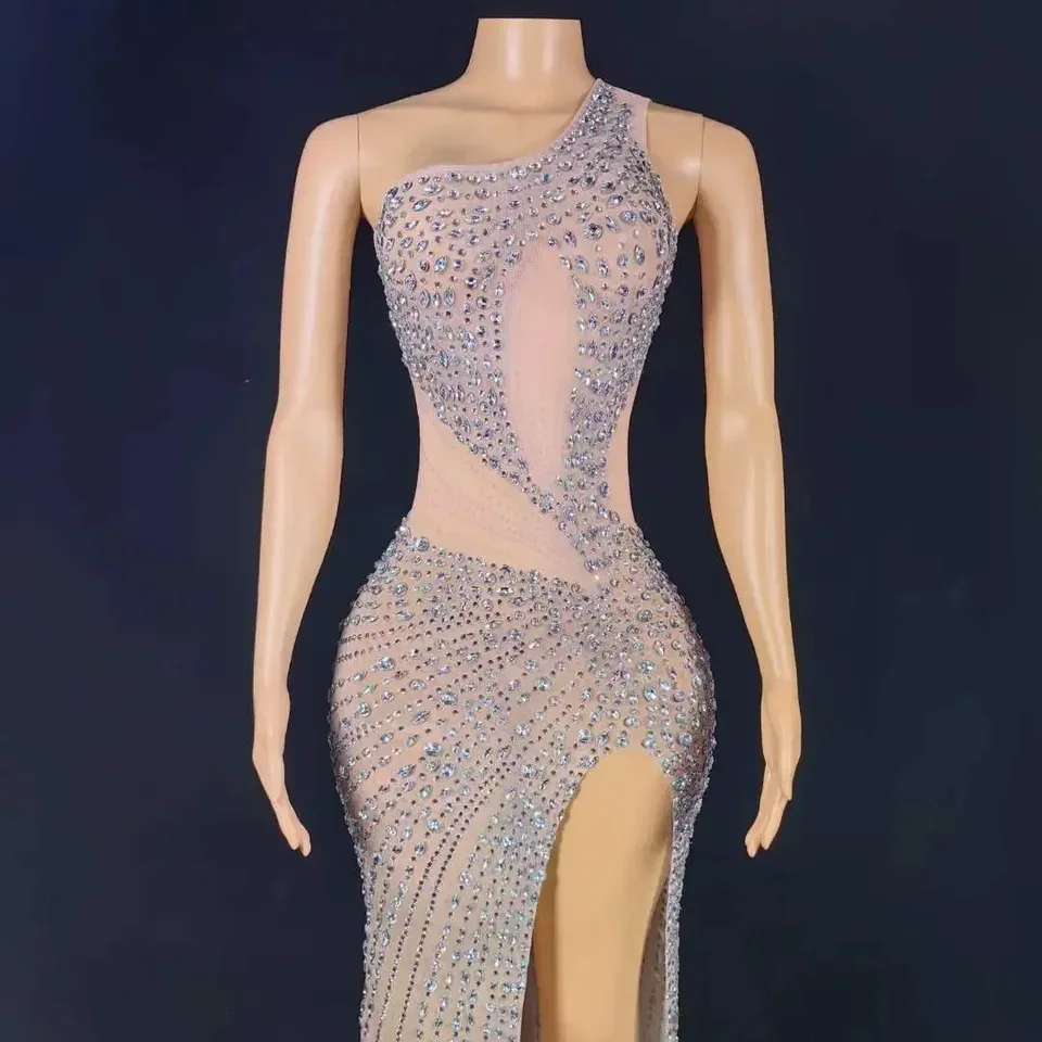 우아한 저녁 파티 드레스 클럽 가수 무대 공연 의상 여성 깜박이 라인 석 섹시한 메쉬 스트레치 롱 드레스