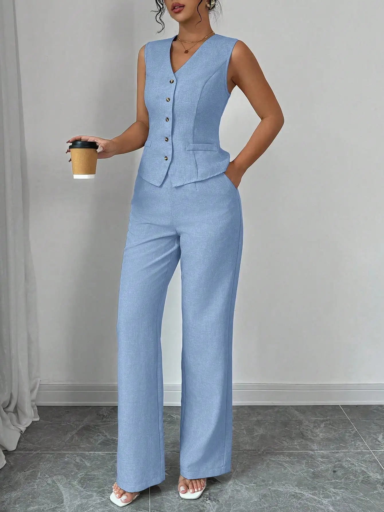 

Women Sleeveless V-Neck Button Front Vest And Straight Leg Pants Suit Solid Color