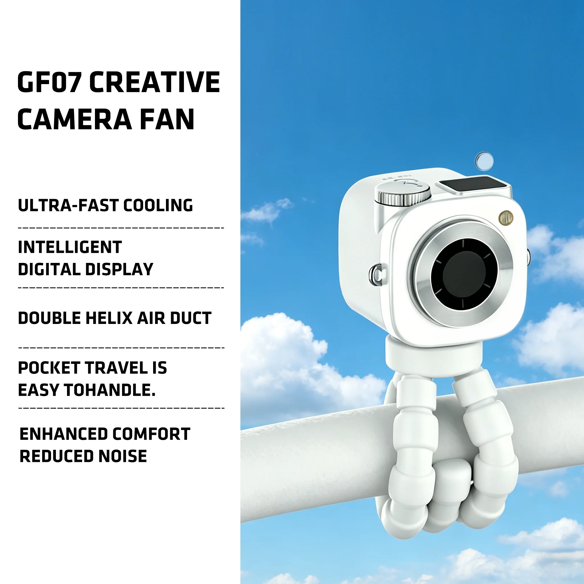 GF07 Camera Style Handheld Fan Multi-Speed Adjustable LED Display Rechargeable with Stand for Multi-Scenario Use