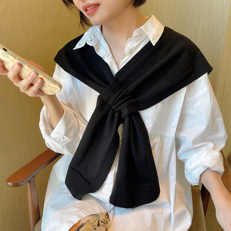 Korean Neck Guard Scarve Solid Color Woman\'s Knitted Cross Shawl Blouse Shoulders Fake Collar Cape Knotted Scarf