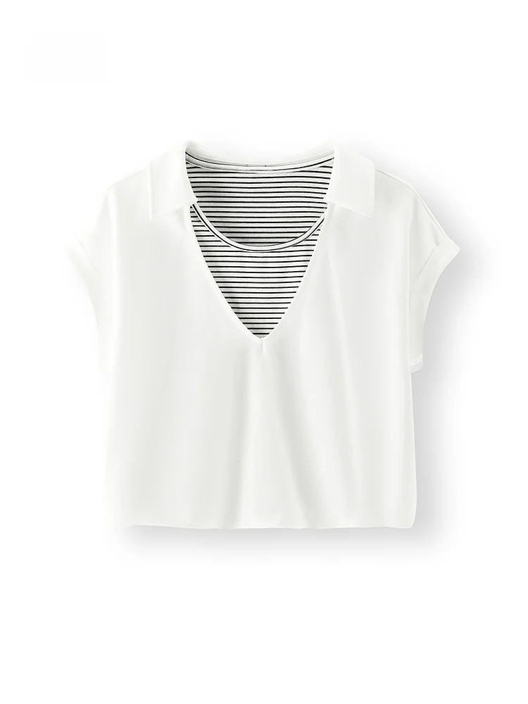 

Женская летняя футболка Semir с полосатыми вставками, имитация двухслойности, свободный крой, с открытыми плечами, повседневный пуловер-топ