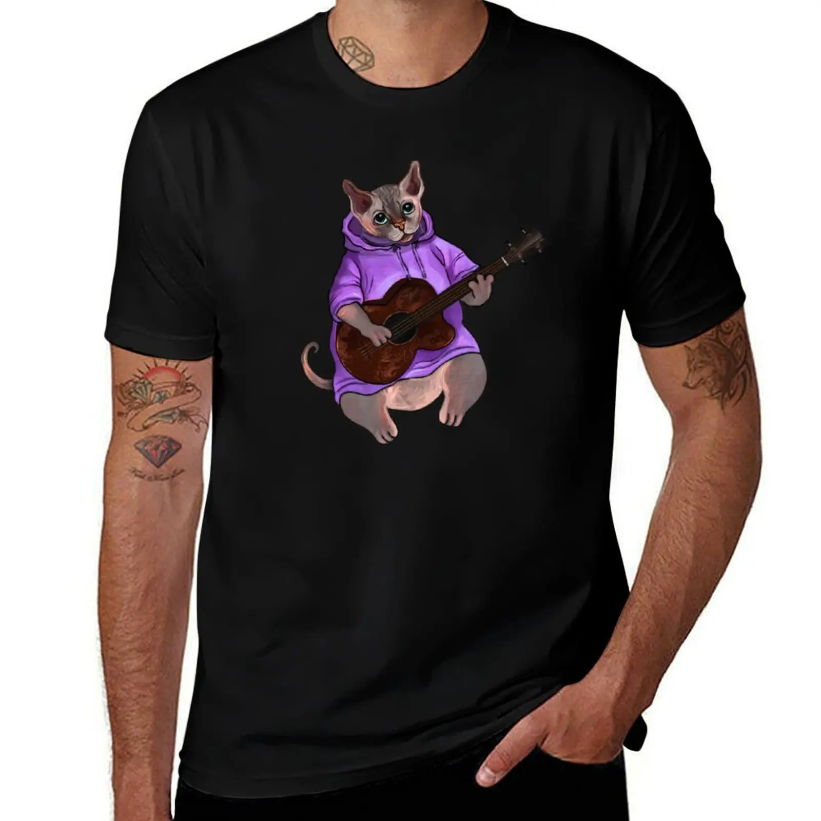 

Tom the baldy cat on ukulele (purple hoodie) T-Shirt blacks oversized graphic tee Louboutins mens t shirt