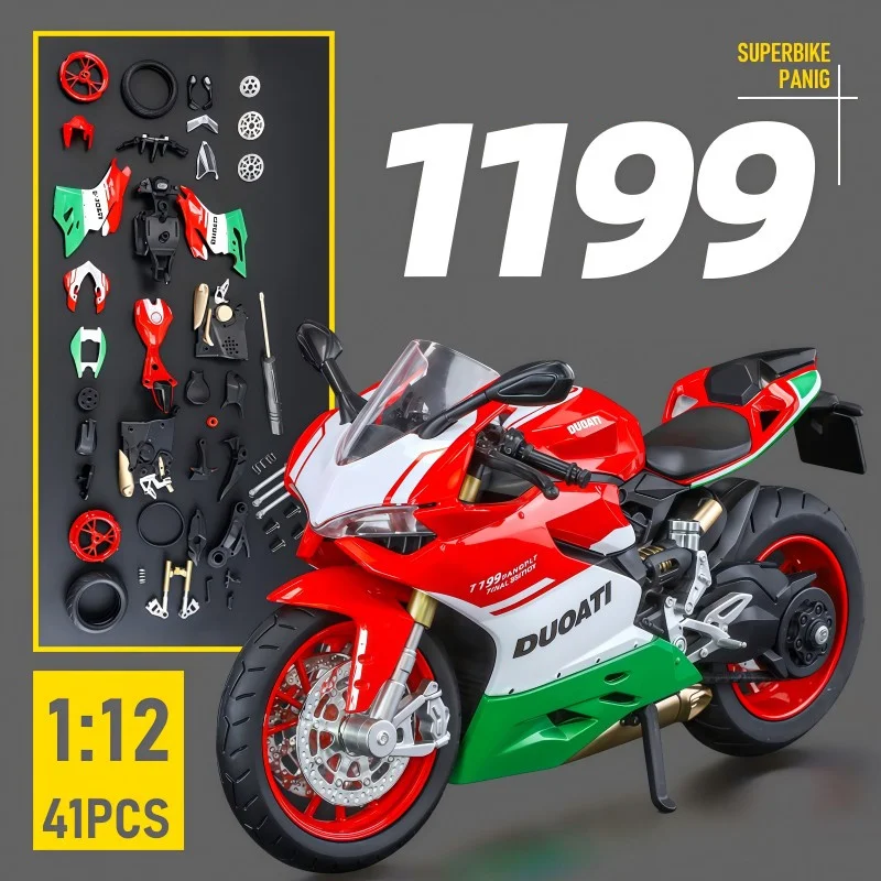 نسخة التجميع 1:12 1199 Panigale سبيكة دراجة نارية رياضية نموذج Diecasts سباق نموذج دراجة نارية الصوت والضوء لعبة أطفال هدية