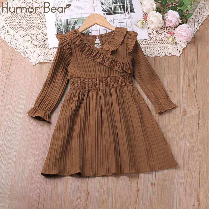 Humor Bear New Girls\' Long Sleeve Dress Vintage Style Solid Color Flare Sleeve Waist View Vestidos Casual Outfit 2-6Y