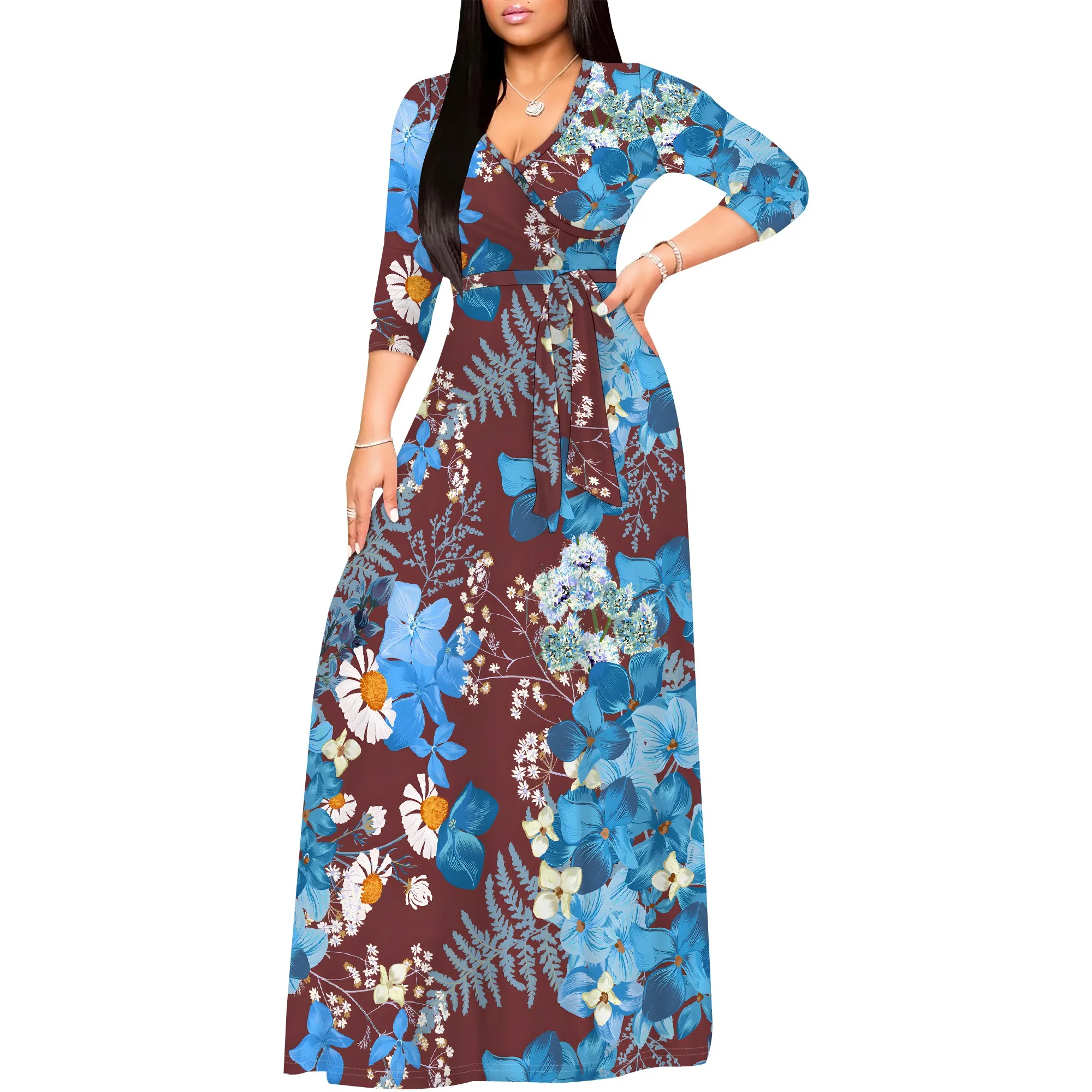 Plus Size Dresses for Women Floral Print Maxi Dress Wrap Boho 3/4 Sleeve  with Belt Wedding - AliExpress 200000345