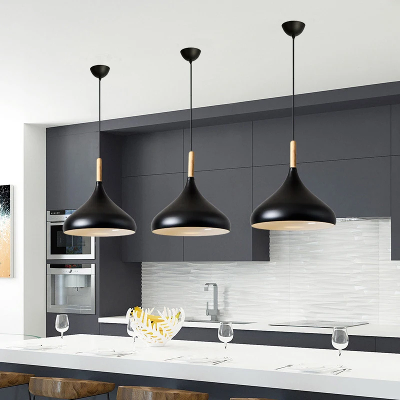 

Kitchen Pendant Light Bedroom Black Lamp Dinning Room Ceiling Lights Office Wood Lamps Shop Modern Chandelier Lighting Free Bulb
