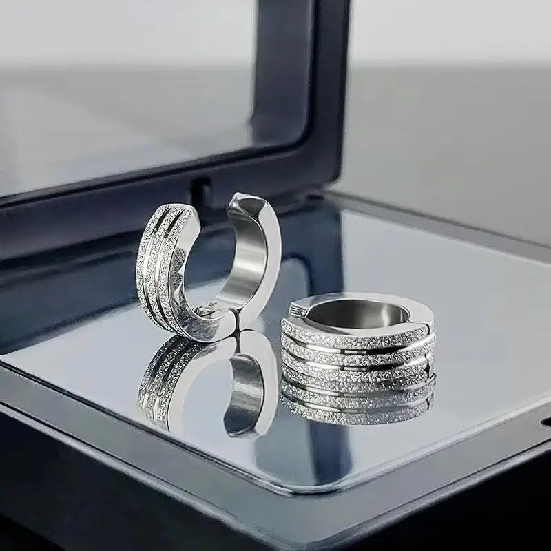 2pcs Non Piercing Frosted Scrub Ear Clip Stainless Steel Small Circle Hoop Earrings for Women Men Punk Piercing Jewelry