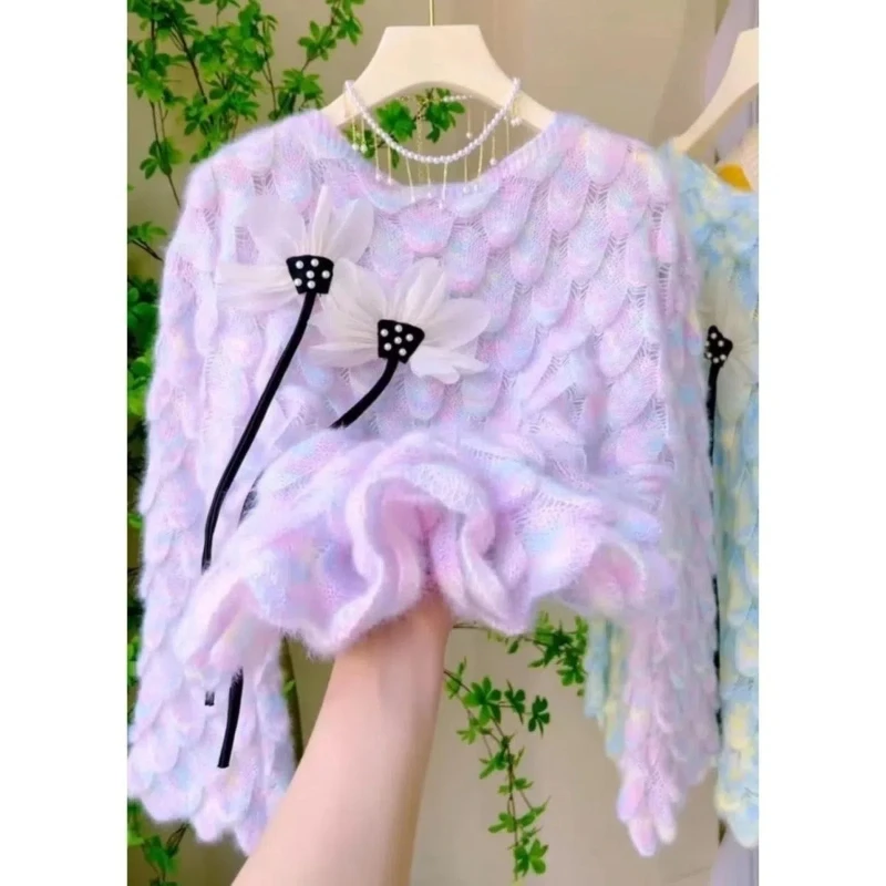 French Style Autumn Winter New Design Sense Intensive Processing Feathers Soft Comfortable Knitted Hollow Out Fairy Pullovers