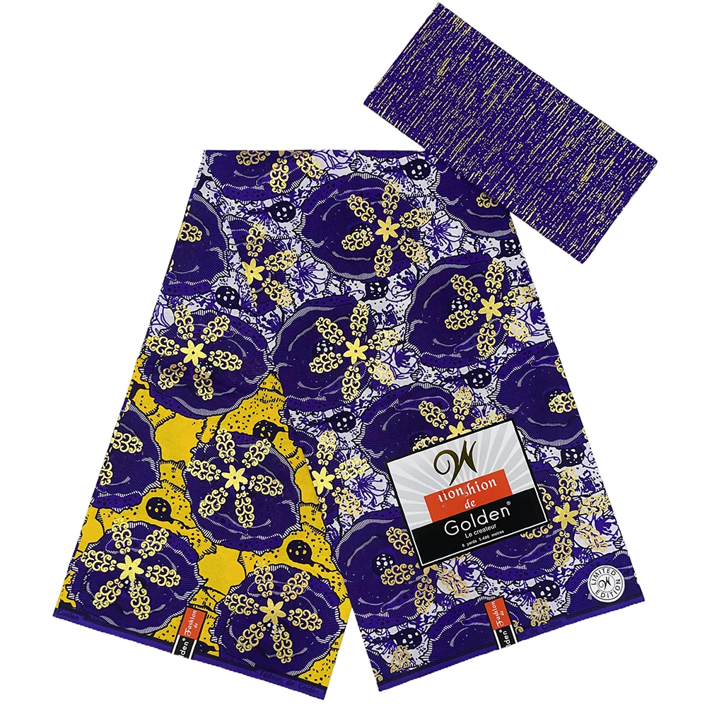 Latest Arrival Fashion De Gold Wax 100% Cotton Fabric Purple 4+2 Yards High Quality African Real Wax Fabric Women Party Dress