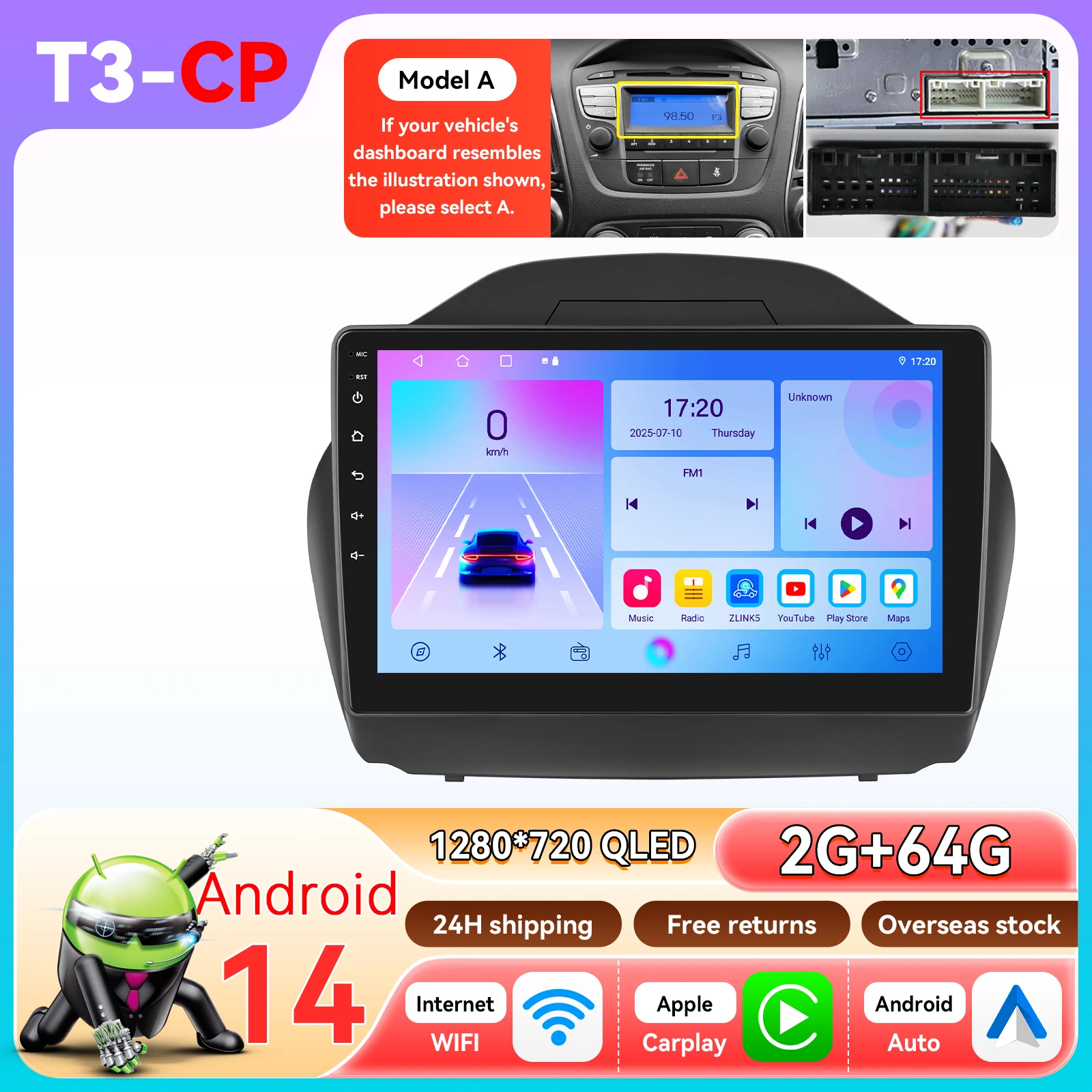 Hizpo 8-Core 2-DIN Android 14 autoradio voor Hyundai Tucson 2 IX35 2011 - 2017 met CarPlay, GPS, AI, 4G, BT5.4 door Qualcomm Snapdragon 6115