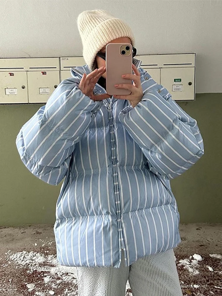 

Sleeve Padded Jackets For Woman 2025 Woman Winter Coats Outwears Chic Stripe Women 's Cotton Jackets Vintage Hooded Zipper Full
