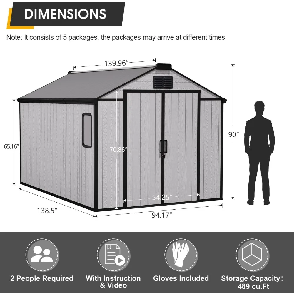 Resin Outdoor Storage Shed, All-Weather Plastic Garden Shed with Floor, Lockable Doors & Windows, Plastic Tool Shed for Poolside