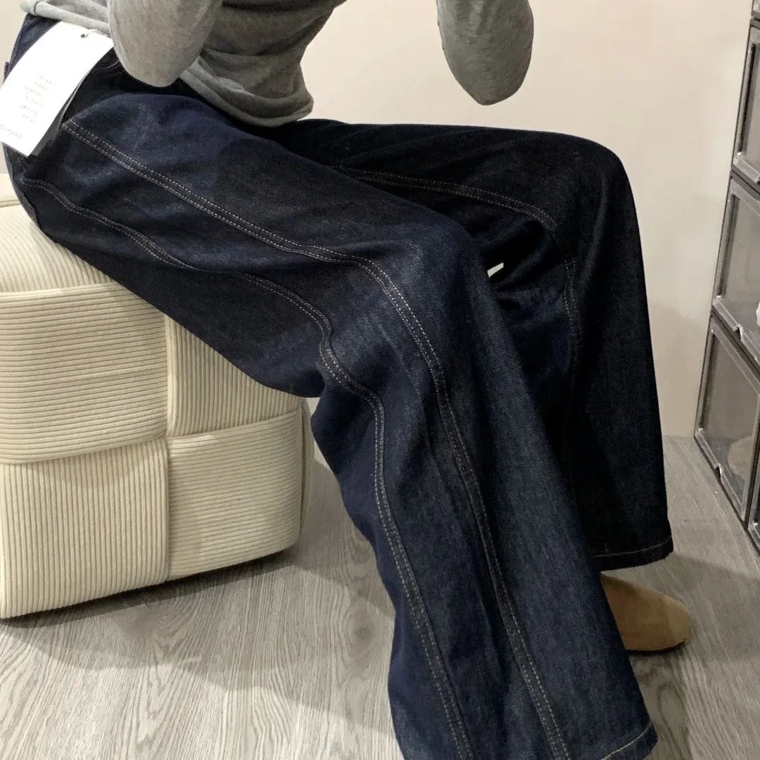 Plus size cintura alta perna larga azul jeans feminino outono inverno novo sle pêra ape retro cintura alta calças de corte reto commute sle