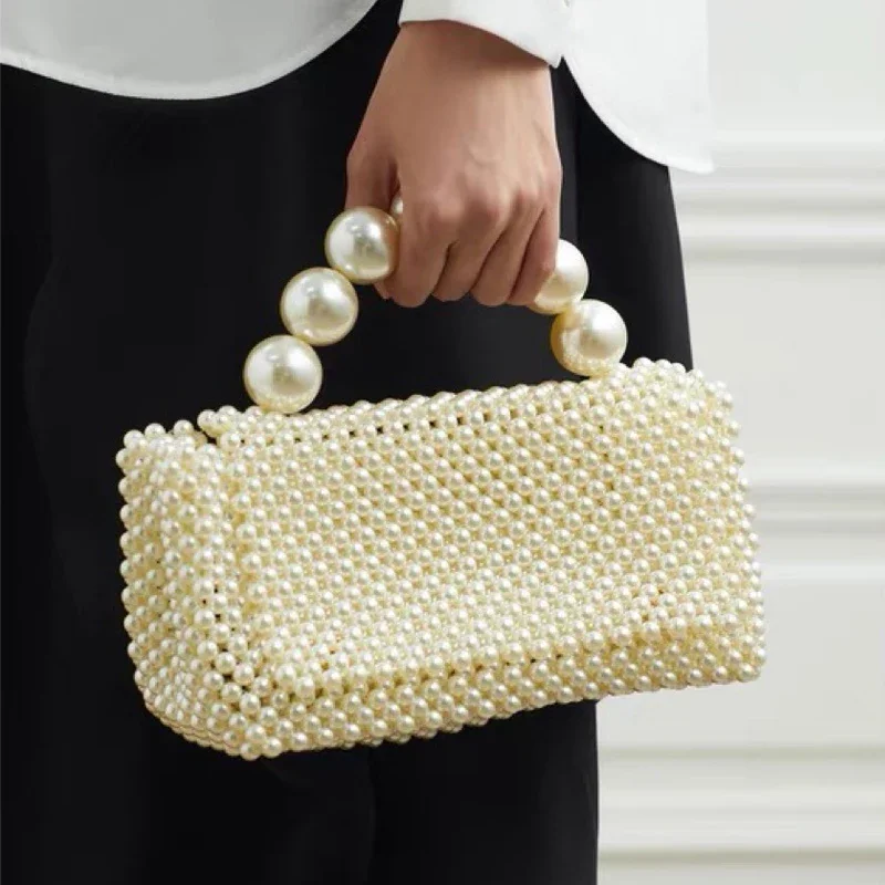 

French Designer Handmade Pearl Pillow Purses and Handbags Gentle Versatile Wallets Pearl Beaded Woven Box Party Bag for Ladies