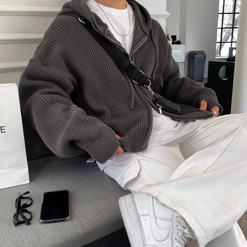 Men's New Winter Y2k Stripe Sweater Hooded Cardigan Cold Coat Zipper Jacket Autumn Warm Clothes Pure Colour Knit Jumper