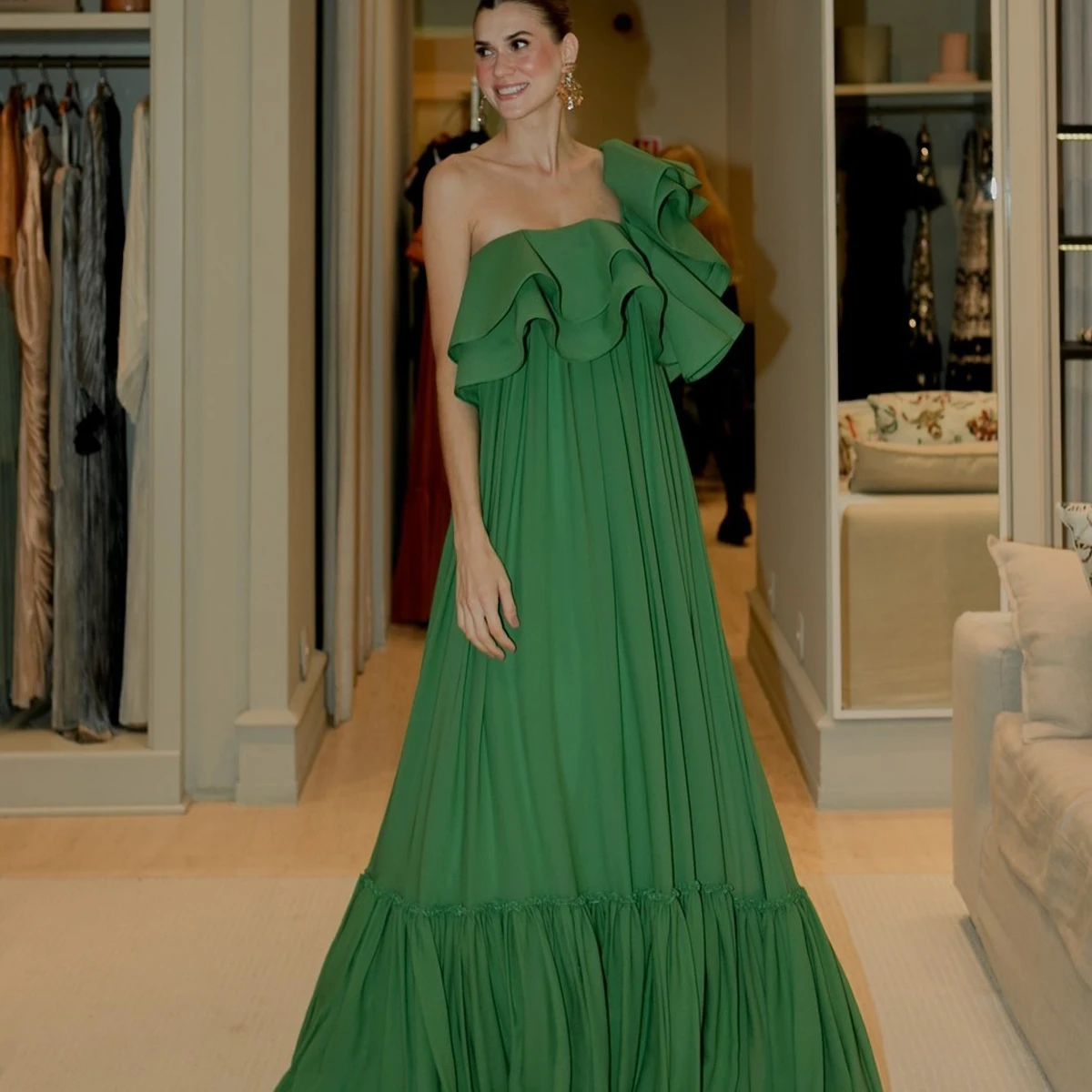 2025, elegantes grünes langes Abend-Partykleid, eine Schulter, plissiert, Chiffon, Abschlussball, formelles Kleid, Vestidos de Fiesta, Urlaubskleid